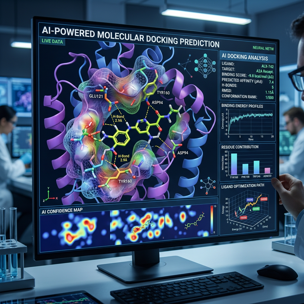3D molecular docking with AI analysis overlay